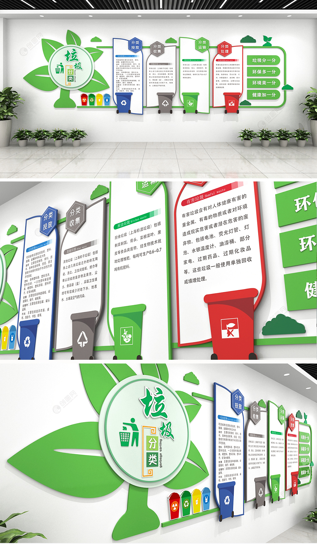 卡通绿叶垃圾分类环境环保党建户外文化墙设计